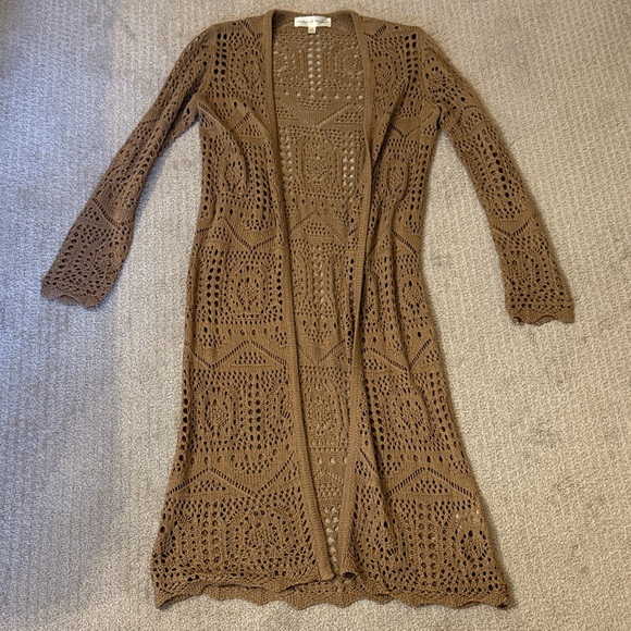 Chelsea & Theodore Sweaters - Brown Crochet Long Cardigan